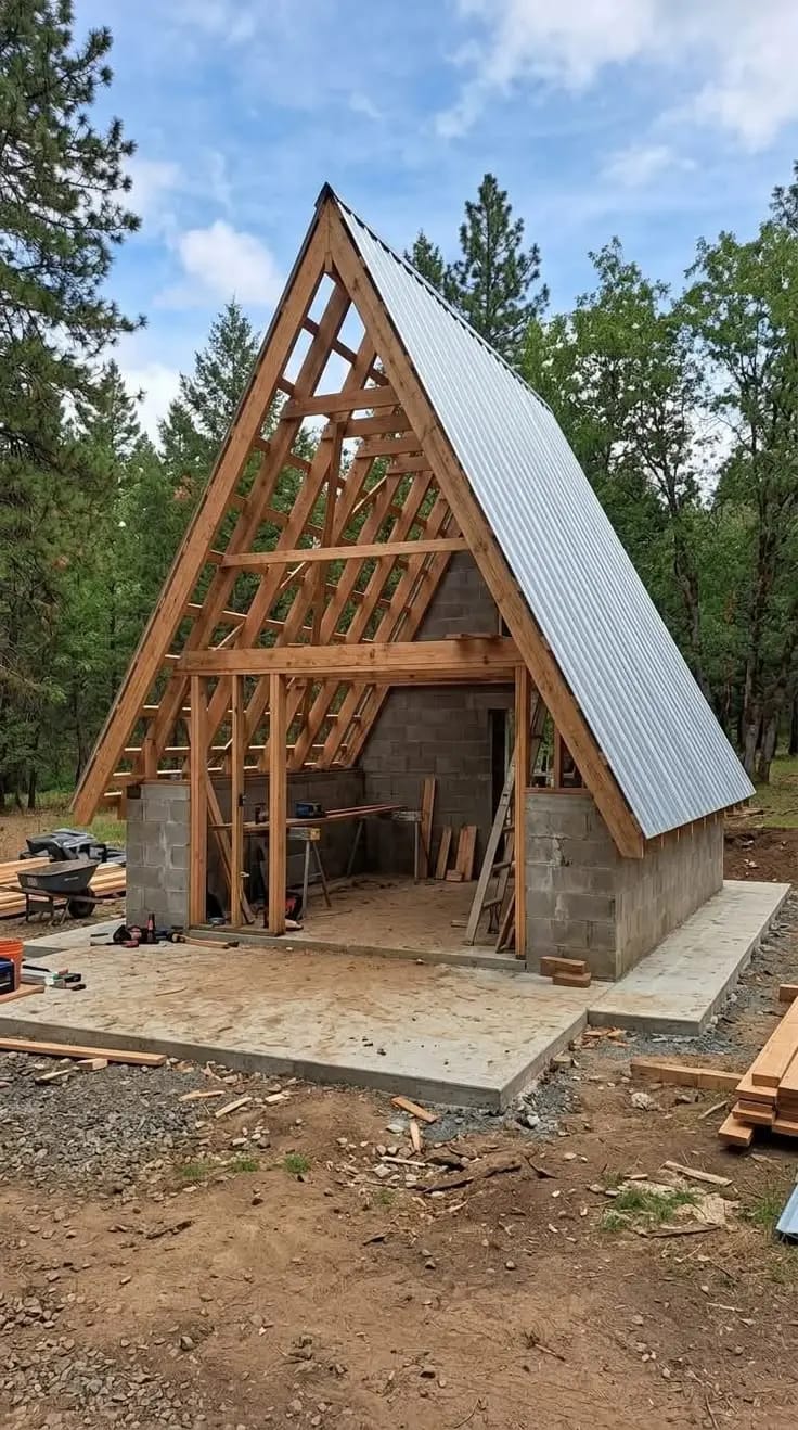 A-frame cabin with a metal roof under construction