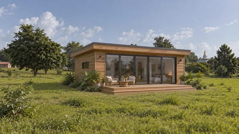 L-shaped wooden cabin with a deck among forest trees