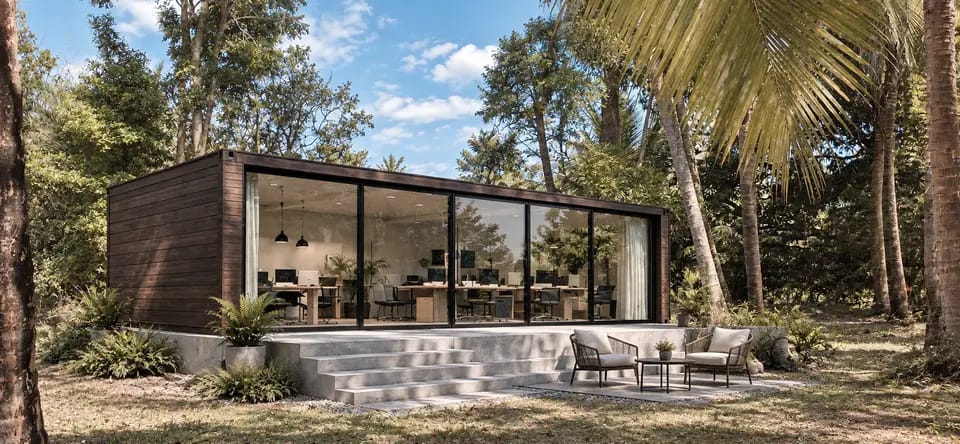 Wide view of a modern garden office pod