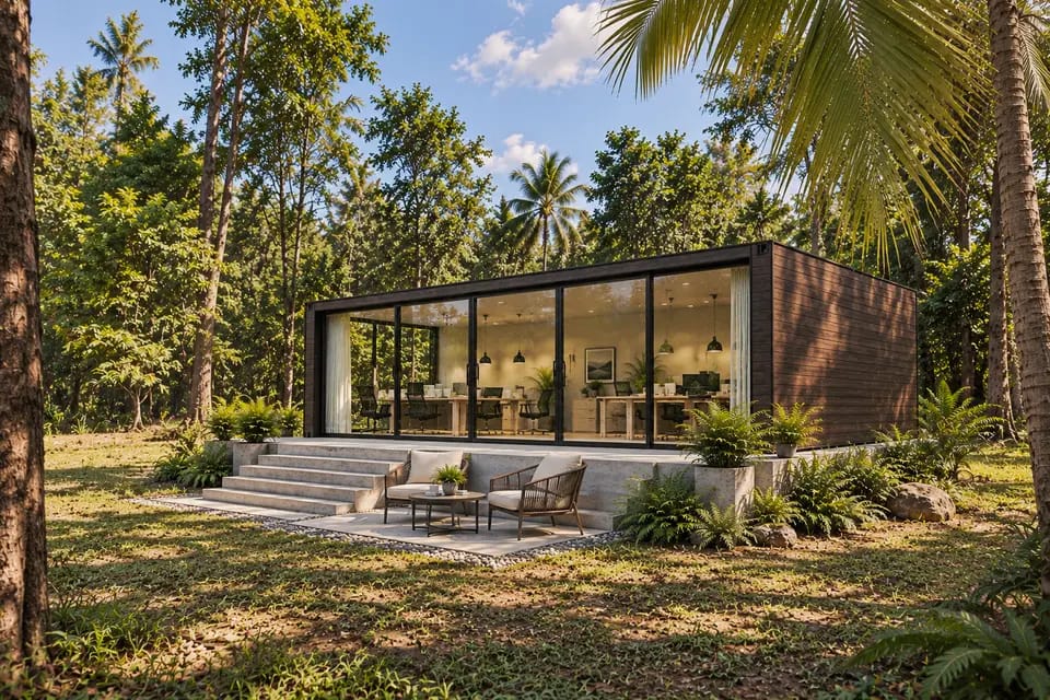 Modern glass-fronted office pod in a tropical garden