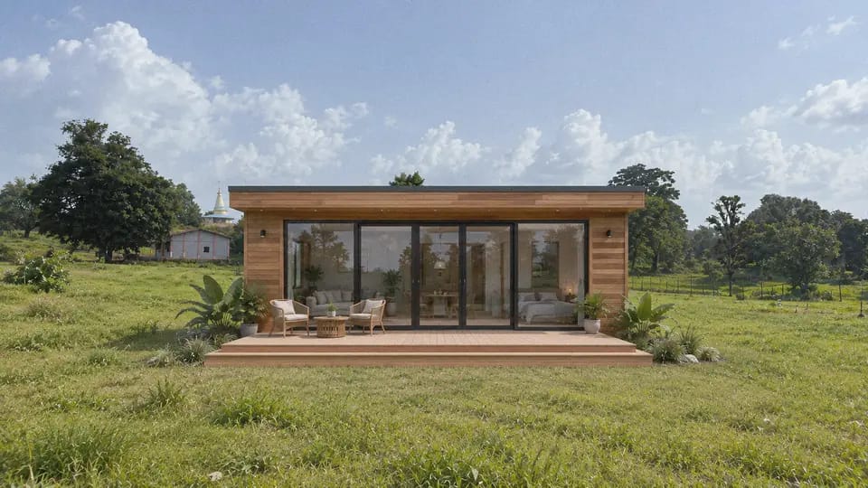 Modern timber-clad studio cabin in an open field