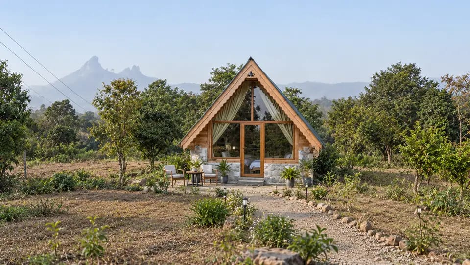Stone-base A-frame cabin against a mountain backdrop