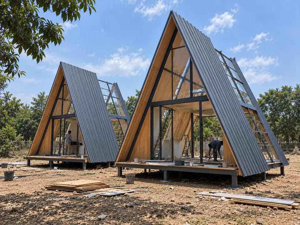 Twin A-frame cabins under construction