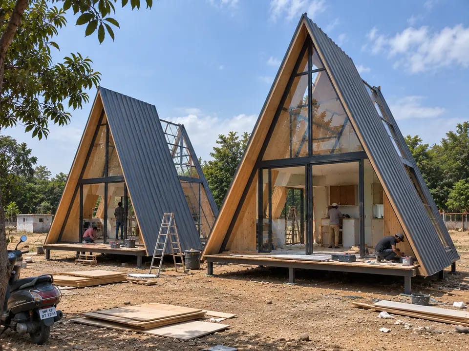 Twin A-frame homes on a construction site