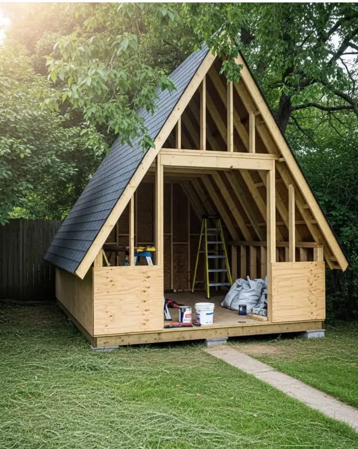 Wooden A-frame cabin shell under construction